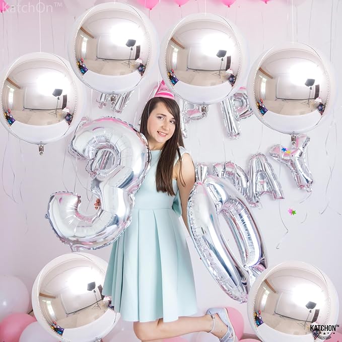 KatchOn, Large Metallic Silver Balloons - Pack of 6 | 4D Round Silver Foil Balloon for Birthday Decorations | Shiny Foil Balloons for Anniversary, Engagement, Bridal Shower, Ramadan Decorations
