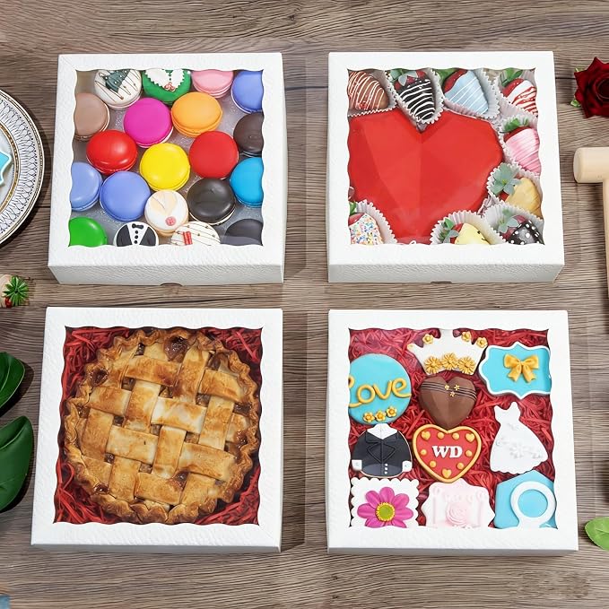 9inch White Bakery Boxes,Pie Boxes with Clear Window Treat Boxes for Chocolate Strawberries, Pastries, Muffins, Donuts,Cookie,Breakable Heart&9x9x2.5inch 6 of Pack