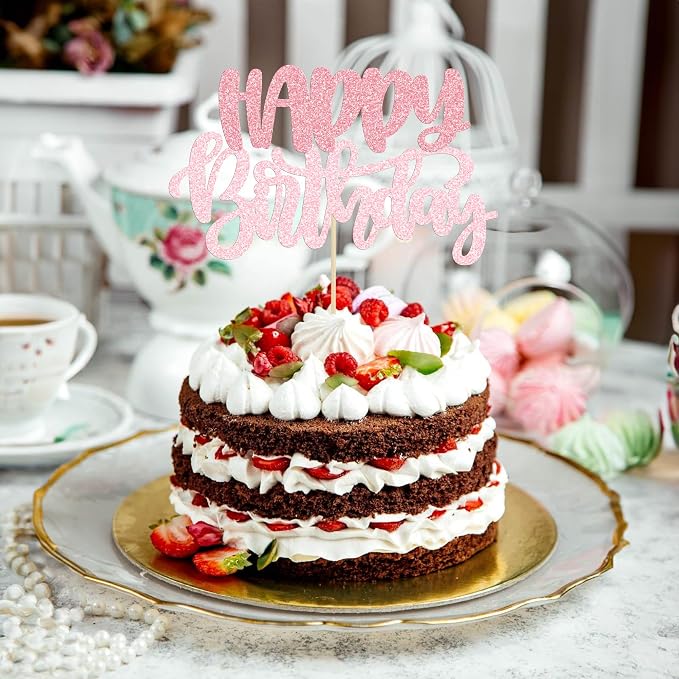 Gyufise 1Pcs Happy Birthday Cake Topper Glitter Cake Pick for Celebrating Anniversary Theme Party Cake Decorations Supplies Pink
