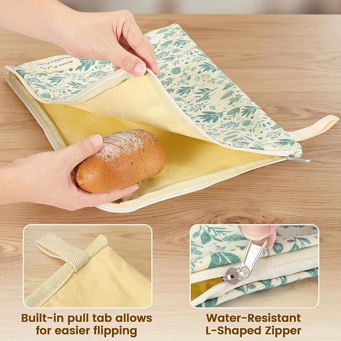 2 Packs Wide Zipper Access Beeswax Bread Bags for Homemade Bread,17"x12.6"Reusable Organic Beeswax Linen Cotton Sourdough Bag,Food Storage Bag,Freezer-Friendly with Water-Resistant Zip to Keep Fresh 2