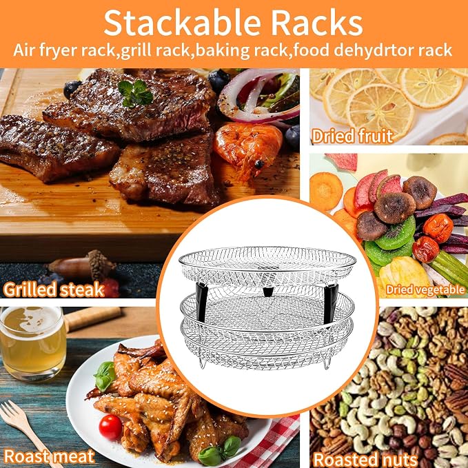 3 Pieces Set Air Fryer Rack Set, 8 Inch Round Food Grade Stainless Steel Stackable Dehydrator Rack Mesh Tray for Air Fryer Oven Fits Inner Size ≥8.6 Inch