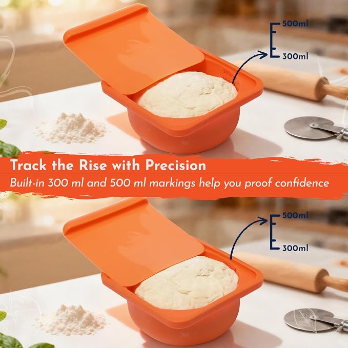 Red 2 Pack 500ml Pizza Dough Proofing Containers With Lids - Silicone Pizza Dough Proofing Box With Built-In Dough Cutter and Measurement Marks, Stackable, Dishwasher, Fridge & Freezer Safe