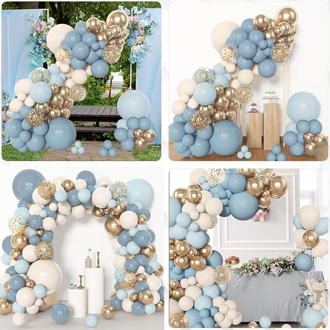 Archloon 156pcs Dusty Blue Balloon Garland Arch Kit, Different Sizes 18 12 10 5 inch Blue White Sand Latex Metallic Confetti Gold Balloons for Boys Birthday Boho Baby Shower Party Decoration Supplies