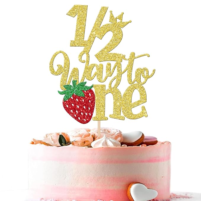 1 PCS Strawberry Half Way to One Cake Topper Glitter Happy 6 Months Birthday Cake Pick 1/2 Berry Sweet Half Birthday Cake Decoration for Strawberry Theme Baby 6 months Birthday Party Supplies Gold