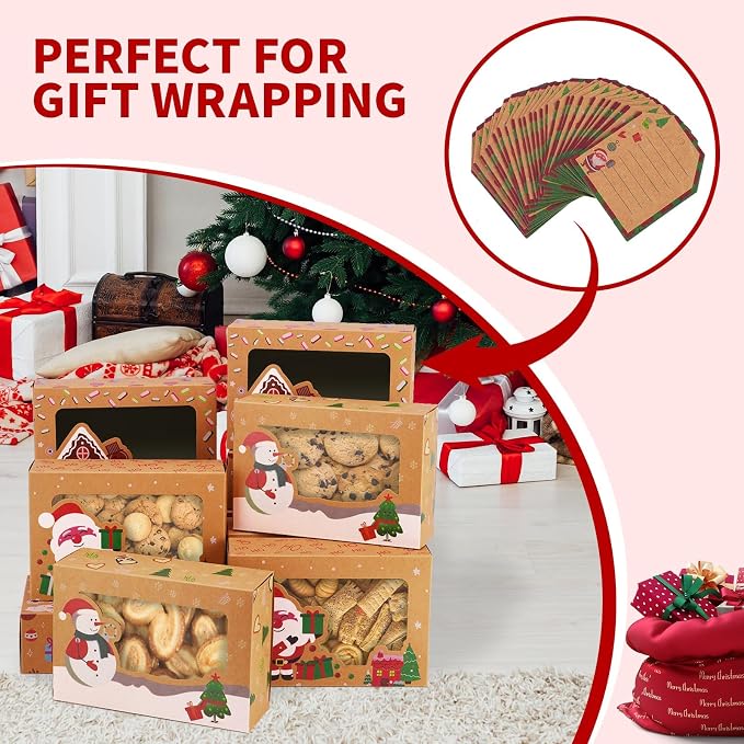 24 Pack Christmas Cookie Boxes with Window, Large Holiday Food Bakery Treat Boxes for Gift Giving, Pastry, Candy, Party Favors, Christmas Kraft Gift Boxes with Ribbons and DIY Gift Tags