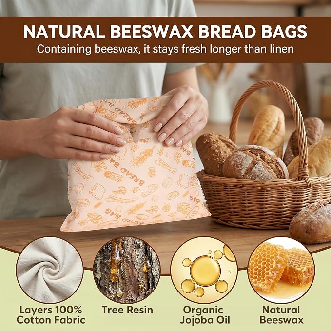 2 Pack Reusable Beeswax Bread Bags, 17x13 Inches Large Linen Sourdough Keeper, Natural Beeswax Lining, Plastic-Free Eco-Friendly Food Storage for Homemade Bread, Keep Fresh Longer