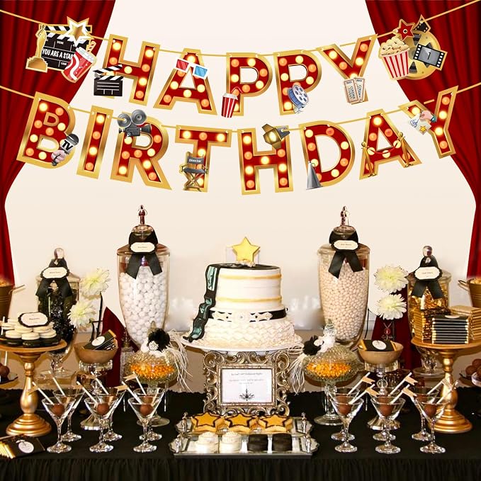 Zwiebeco Movie Night Happy Birthday Banner Film Themed Sign Hanging Paper Party Decoration for Hollywood Cinema Accessories Supplies Favors