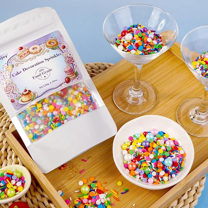 Dazzjoy Rainbow Jimmie Sprinkles, 130g/4.59oz, Edible Confetti Round, Rainbow Pearl Sugar Sprinkles for Cake Decorating, Baking Cake Decoration, Cupcakes, Ice Cream, Birthday Party Holiday Supplies
