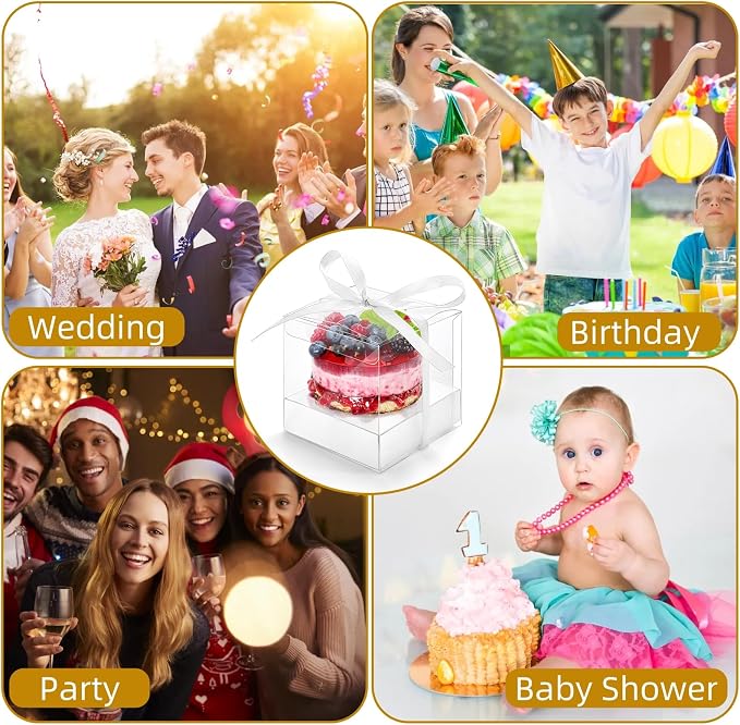 50 Pcs Clear Cupcake Box Individual, 3.5 Inch Plastic Single Cupcake Container, Cupcake Storage Holder Carrier with Ribbons Inserts, Ornament Candy Gift Box for Mother's Day Party Wedding Baby Shower