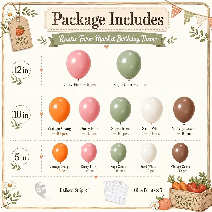Farmers Market Balloon Arch Garland Kit Sage Green Dusty Pink Brown Orange White Balloons Locally Grown Balloon for Home Grown Baby Shower Bridal Shower Jungle Woodland Birthday Party Decorations