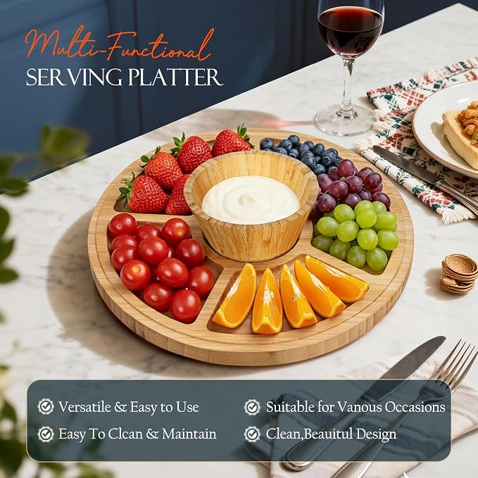 Masthome Bamboo Cake Stand with Acrylic Dome Lid, 6-in-1 Multi Functional Serving Platter & Dessert Display Stand,Charcuterie Board,Fruit Tray,Dip Bowl,Serving Platter for Wedding,Christmas Party