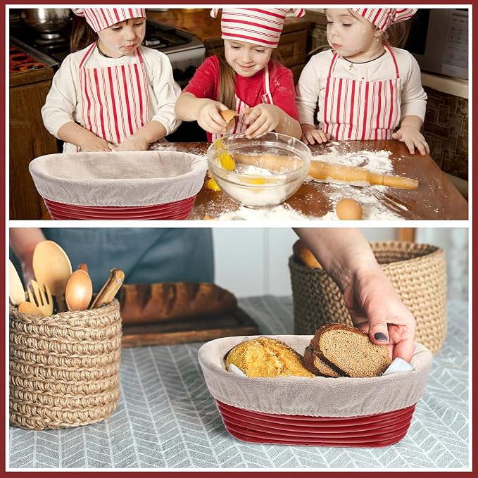 Hushee 3 Pack Bread Proofing Basket Set 10 Inch Oval Sourdough Proofing Basket with Cloth Liners Sourdough Bread Baking Supplies for Professional & Home Bakers with Plastic Dough Scraper