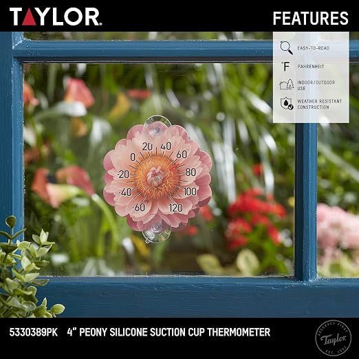 Taylor Peony Dial Thermometer, 4-Inch Indoor Outdoor Silicone Suction Cup Thermometer, Weather-Resistant Temperature Gauge for Patio, Pool, Garden, or Garage, Pink