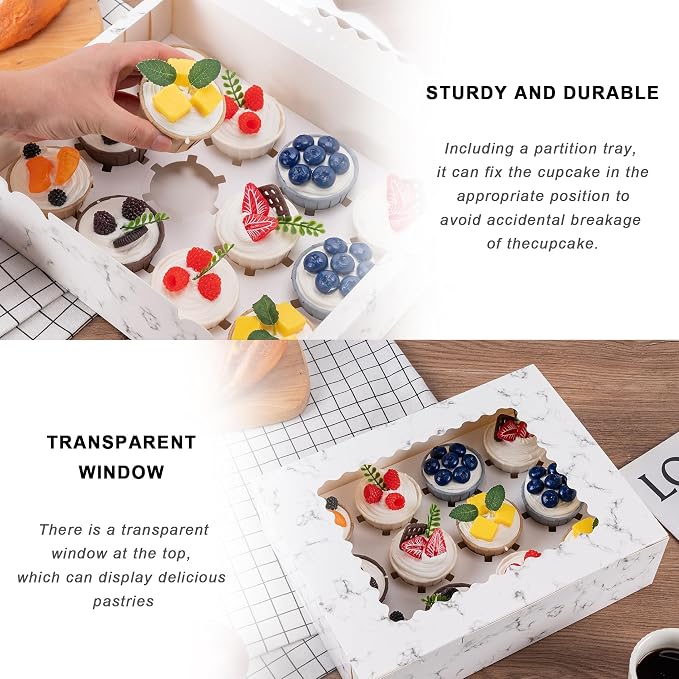 Hoewina 12PCS Cupcake Boxes - Hold 12 Count Cupcake Containers with Window, Food Grade Cupcake Holder Easy Transport and Presentation - Ideal for Cupcakes, Desserts, and More (Marble pattern)