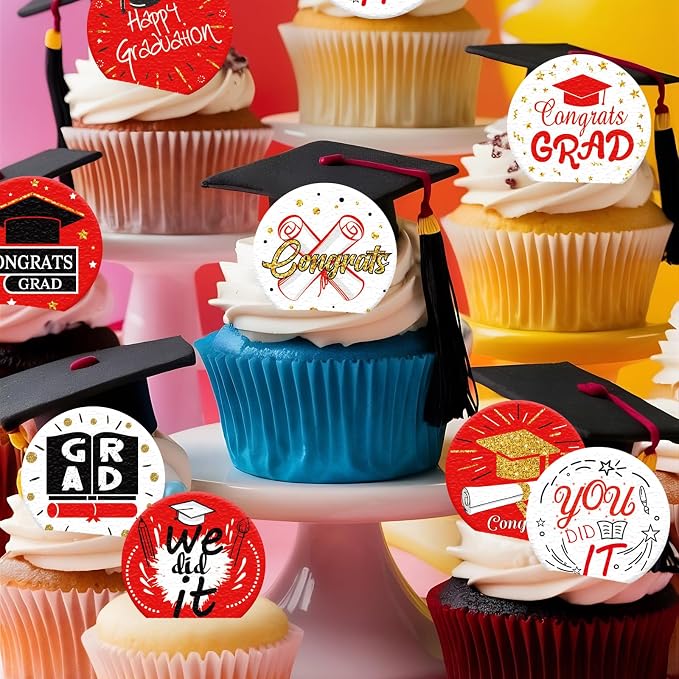 36PCS Edible Graduation Cap Cupcake Toppers Wafer Paper Grad Cap Diploma Cake Decorations Edible Grad Cap Cupcake Picks for 2026 Grad Theme Party Cake Decor Supplies (Red)