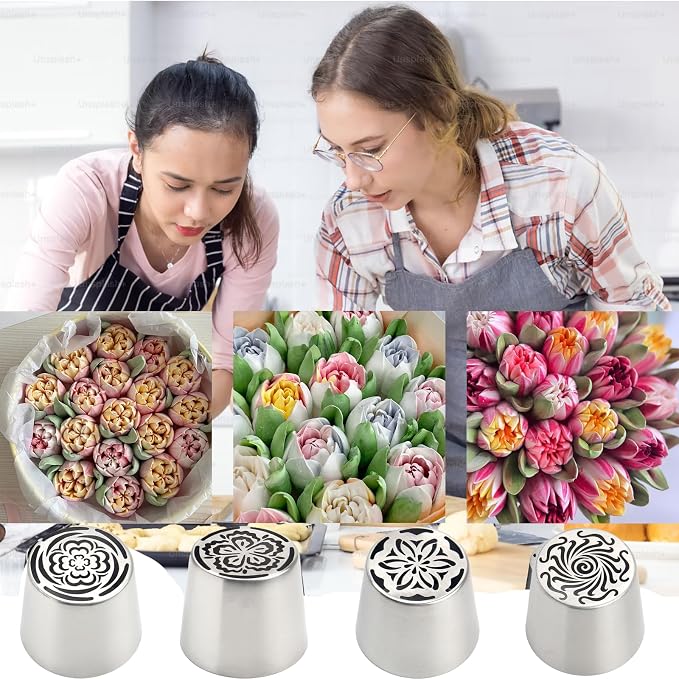 4pcs Russian Piping Tips Set Extra Large Stainless Steel Flower Icing Nozzles One Step Peony Carnation Dahlia Rose Tips for Cake Decorating ButtercreamCupcake Baking Supplies for Beginners