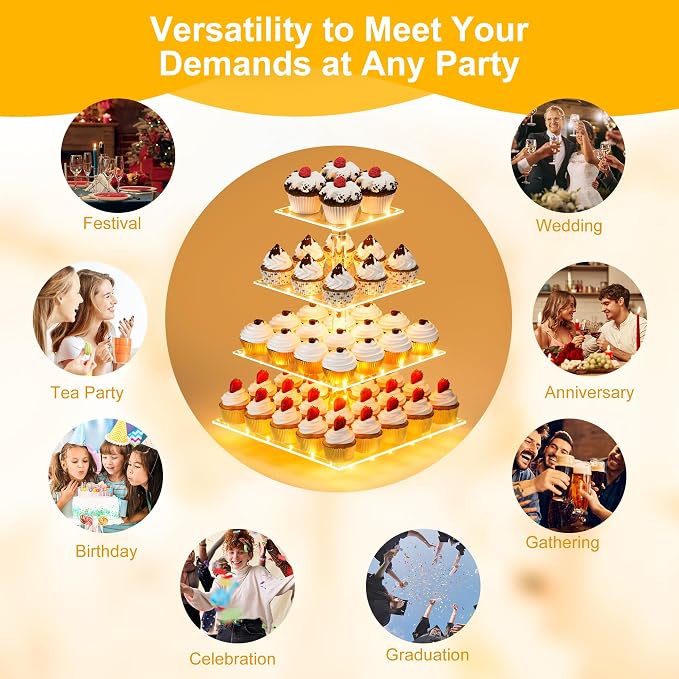 YestBuy Cupcake Stand with Yellow LED Lights, 4 Tier Cupcake Stand for 50 Cupcakes, Acrylic Cupcake Tower Stand, Clear Tiered Cupcake Holder for Birthday Candy Bar Décor Weddings, Parties Events