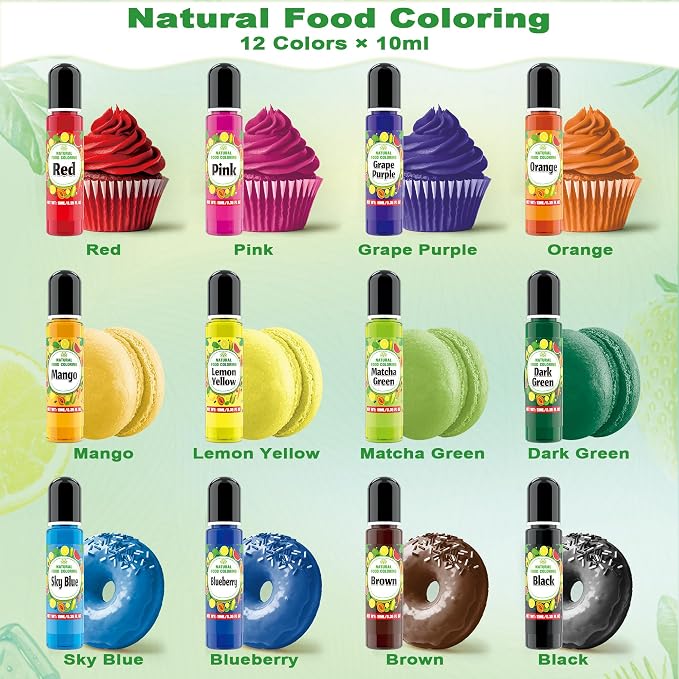 Natural Food Coloring Gel - 12 Colors FD&C & Artificial Dye Free Plant Based Food Coloring Liquid, Natural Food Dye for Baking, Frosting, Fondant, Cake Decorating - 0.35 fl.oz each