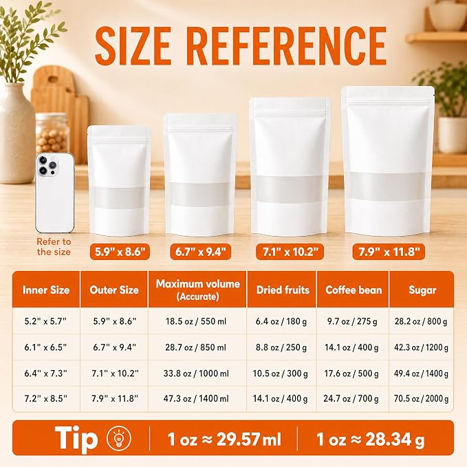 100 Pcs White Kraft Paper Bags with Window, 5.9" x 8.6" Stand Up Pouches Bags, Food Storage Bags for Packaging Products, Reusable, Sealable