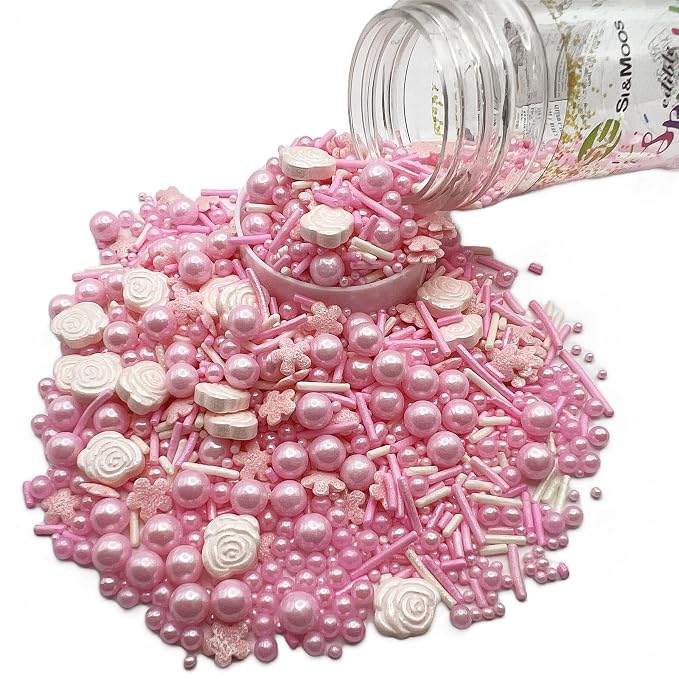 SE Si&Moos Pink Sprinkles for Cake Decorating Edible Pink Rose for Cake Decorating Valentines Sprinkles Pink Pearl Sprinkles for Cake Decorations, Baking, Ice Cream, Cookies, Cupcake Toppers Party Baby Shower Holiday Supplies 3 OZ
