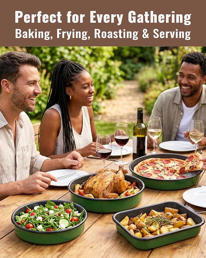 10 Inch Enamel Cake Pan Round Roasting Dish Non-Stick Baking Tray for Pizza Pie & Chicken, Oven Dishwasher Safe Non-Toxin Roaster Pan Cookware Birthday Housewarming Gift Bakeware