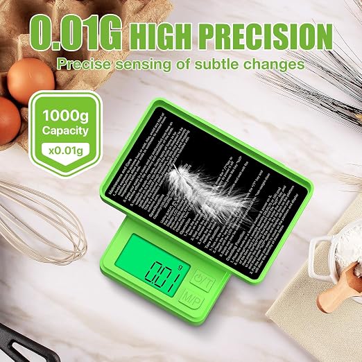 Digital Pocket Grams Scale, Diyife 1000g/0.01g High Precision, 7 Units Conversion Mini Scale with LCD Display, Tare Function for Food, Jewelry, Powder, Green