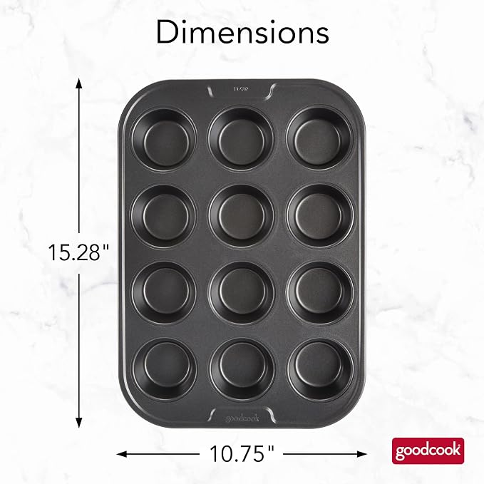 GoodCook PRO Muffin Pan Nonstick Cupcake Pan, Warp & Scratch-Resistant Dishwasher-Safe Carbon Steel Construction for Even Baking with or Without Liners, 12-Cup, Gray