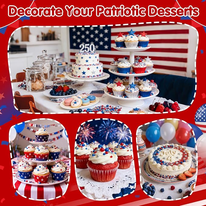 Patriotic Sprinkles for Cake Decorating,6 Cell-6.7oz,July 4th Edible Sprinkle Baking Decorations,Blue Red White Silver Pearls Nonpareils Confetti and Stars-Shape Sanding Sugar Mix,for Cookies,Ice Cream,Fondant Cake,Cupcakes,Desserts Decorating,May Day,...