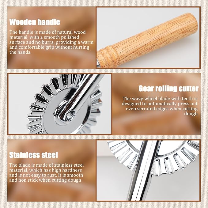 Long Handle Small Cutter Wheel - Exquisite Wooden Handle, Perfect for Pasta, Pizza, Ravioli, Cookie - Versatile Crinkle and Pastry Cutter for Effortless Slicing
