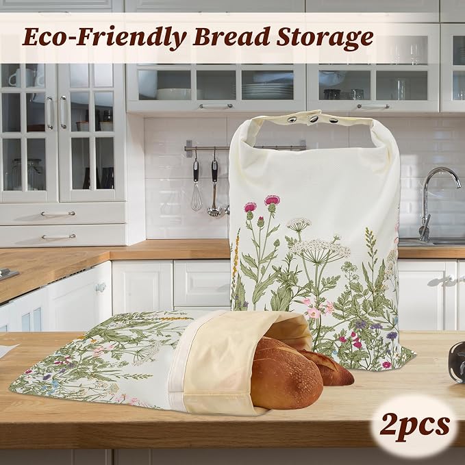 Bread Bags for Homemade Bread- Herbs Wild Flowers 2 Pack Linen and Beeswax Sourdough Storage Bags, Reusable Keeper, Keeps Breads Fresh Longer, Gifts for Bakers
