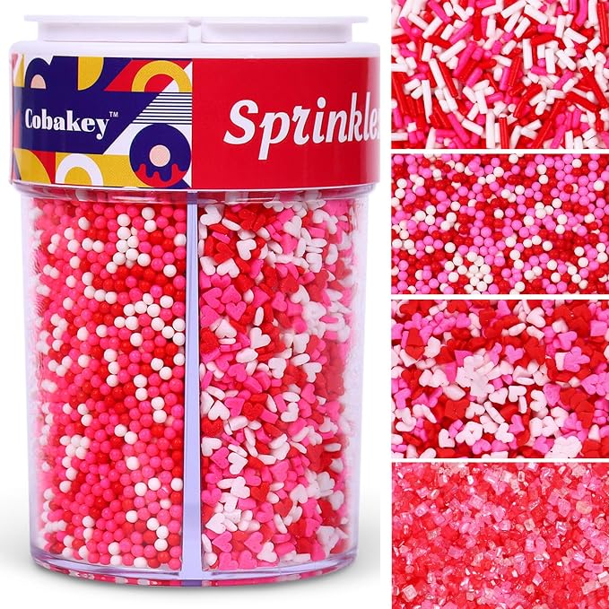 Valentines Sprinkles 6.5oz Edible Heart Sprinkle Mix Pink Red and White Jimmies Nonpareils Sanding Sugar Perfect for Cake Decorations Baking Ice Cream Cookies Cupcake Topper