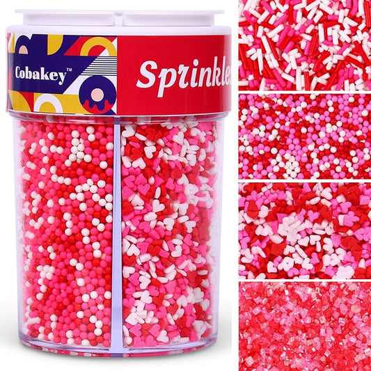 Valentines Sprinkles 6.5oz Edible Heart Sprinkle Mix Pink Red and White Jimmies Nonpareils Sanding Sugar Perfect for Cake Decorations Baking Ice Cream Cookies Cupcake Topper