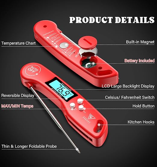 DOQAUS Digital Meat Thermometer, Instant Read Food Thermometer for Cooking with Backlit & Auto-Rotating Display, 4.6” Probe for Grilling, Baking, and Perfect BBQ