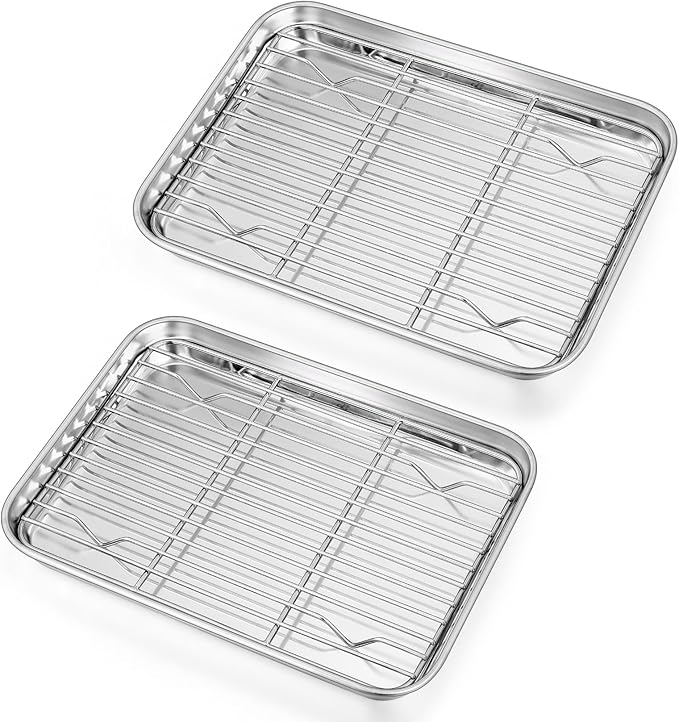 P&P CHEF 10.4 + 9 Inch Toaster Oven Pans with Racks, 4 Pieces Stainless Steel Oven Tray Baking Pan Sheet and Cooling Rack for Oven Cooking Roasting, Non Toxic & Dishwasher Safe