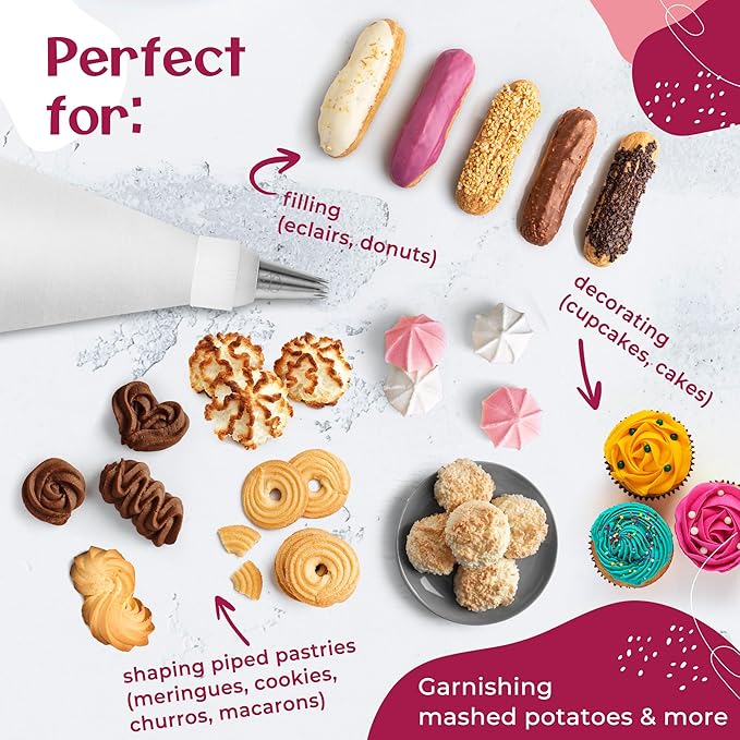 Premium Reusable Piping Bags and Tips Set - Cotton Pastry Bag 16" with 8 Large Icing Tips for Cake Decorating - Large Piping Tips Set - Dishwasher Safe