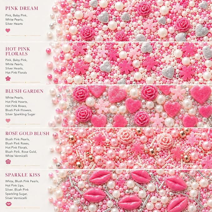 Confect Cake & Cupcake Sprinkles | Love Sprinkles Mix Pink Mini Lips & Roses, Silver Hearts & Vermcelli and White Pearls | Anniversary Sprinkles | Edible sprinkles Mix Pack of 5 (5 Oz)