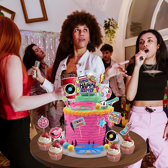 80s Cake Decorations 27PCS 90s Cake Topper Retro Hip Hop Cakes Decorations 1980s Disco Ball Cakes Toppers for 80s 90s Party Decorations