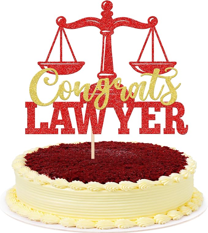 1 Pack Congrats Lawyer Cake Topper Glitter Class of 2026 Law School Survivor Cake Pick 2026 Graduation Cake Decorations for 2026 Lawyer Graduation Party Supplies Red Gold