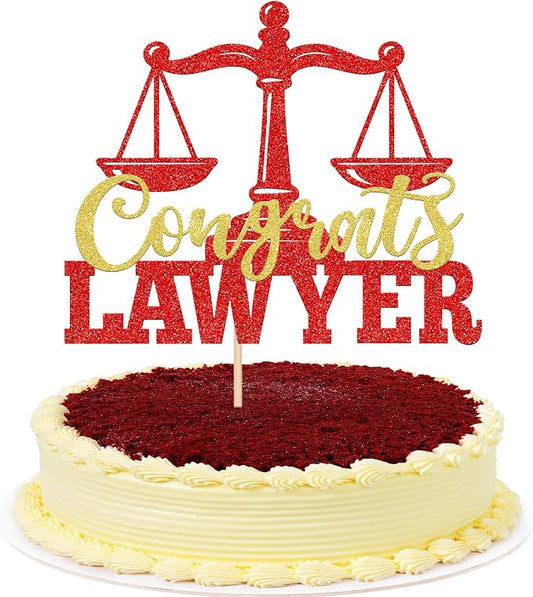 1 Pack Congrats Lawyer Cake Topper Glitter Class of 2026 Law School Survivor Cake Pick 2026 Graduation Cake Decorations for 2026 Lawyer Graduation Party Supplies Red Gold