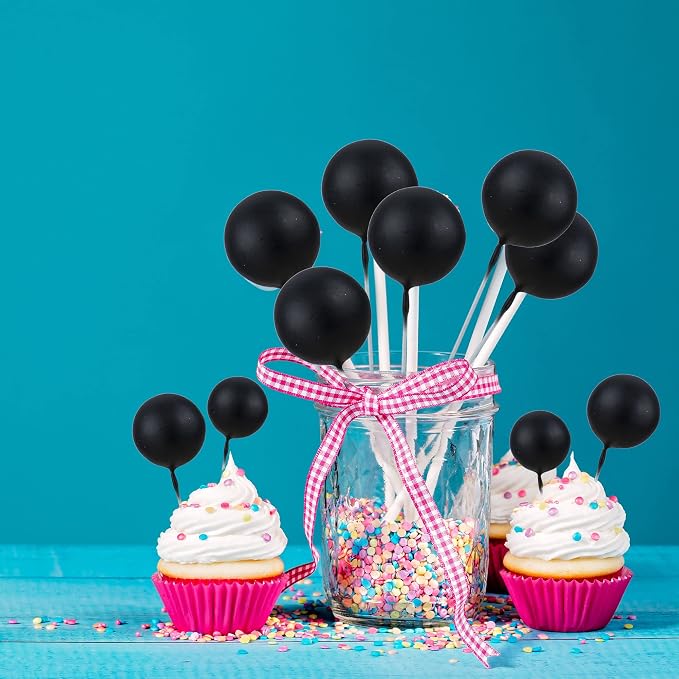 Gyufise 30Pcs Mini Balloon Cake Topper Foam Ball Cake Picks Cupcake Faux Pearl Balls DIY Cake Insert Topper Decoration for Anniversary Graduation Birthday Party Baby Shower Black