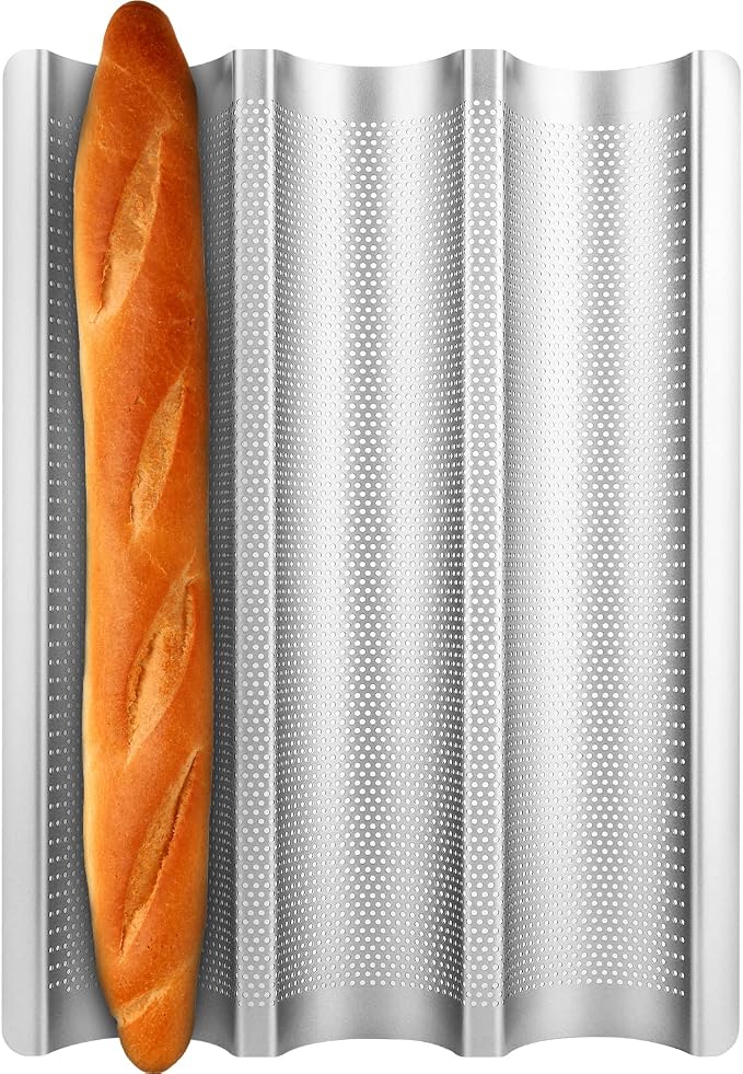 Baguette Pan, French Bread Pans For Baking Pan, Nonstick 3 Slots Perforated Italian Loaf Pan Mold Long French Bread Pan, Silver