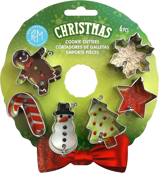 R&M Mini Christmas Cookie Cutter Set. Includes Gingerbread Man, Candy Cane, Snowman, Christmas Tree, Star and Snowflake. Stainless Steel