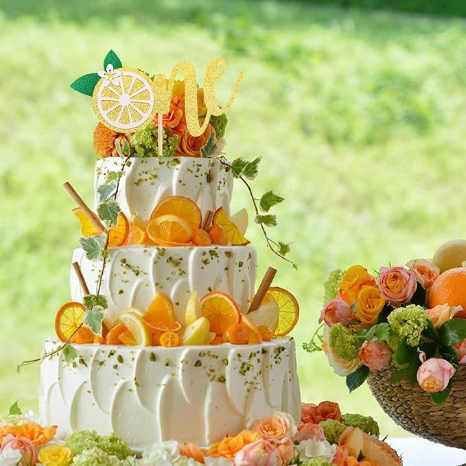 1 PCS Lemon 1st Birthday Cake Topper Glitter One Cake Pick Fruit Theme Lemonade Party First Birthday Decorations for Baby Shower Kids Boys Girls Party Supplies Gold