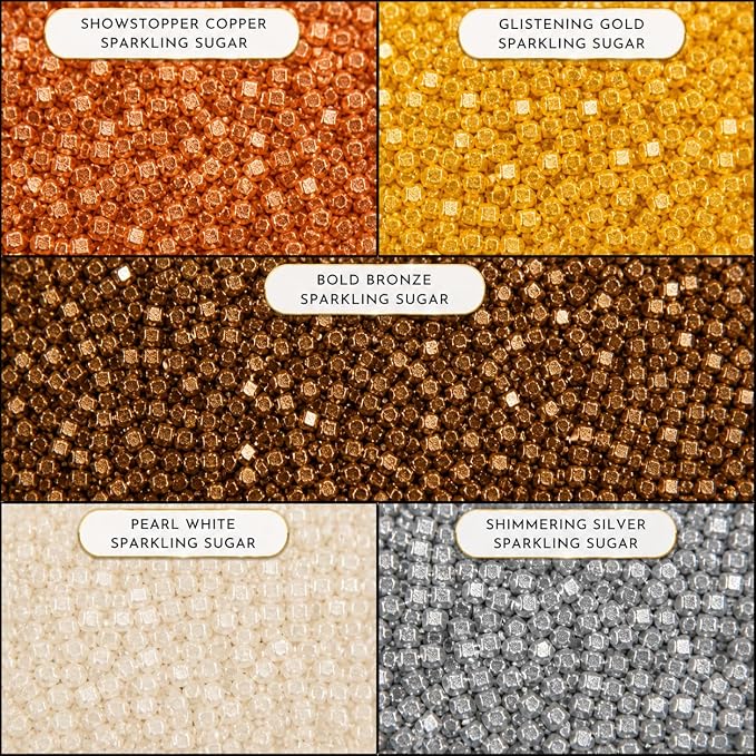Confect Sparkling Sugar for Baking & Cake Decoration Sugar Assorted pack of 5 Metallic Mania Sparkling Sprinkles Mix Bronze, Gold, Copper Pearl & Sliver | Vegan, Gluten-Free, Soy-Free, Dairy-Free, Palm Oil-Free- 5 oz