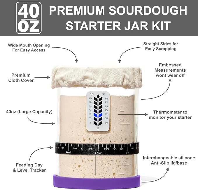 Premium Sourdough Starter Jar - 40oz Large Sourdough Jar with Marked Feeding Band, Scraper, Cloth Cover and Silicone Lid/Base, Wide Mouth Starter Kit - Green/Purple