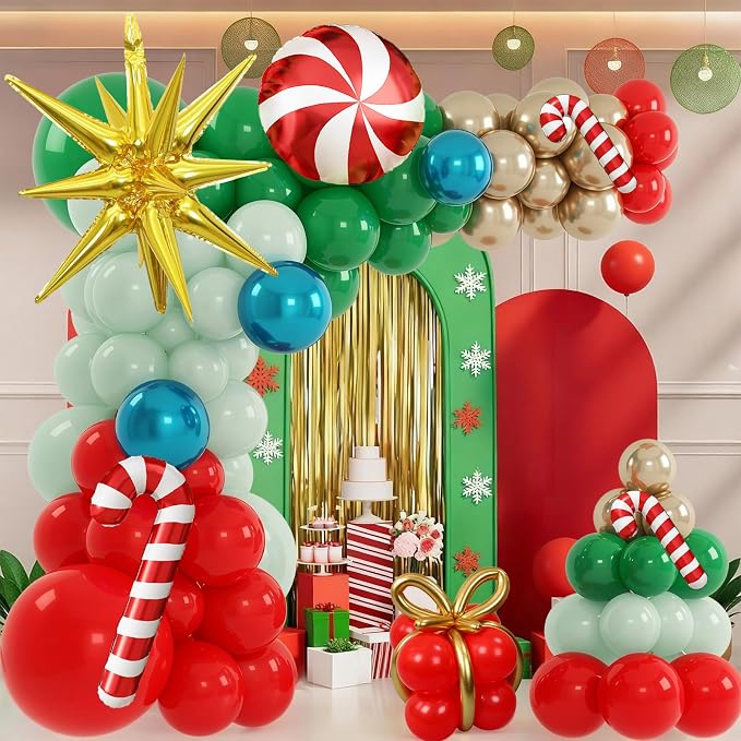 Christmas Balloons Garland Arch Kit, Red Dark Green Gold Metallic Balloons Candy Cane Star Foil Mylar Balloons for Winter Xmas Merry Christmas Baby Shower Ugly Sweater Birthday Party Decorations