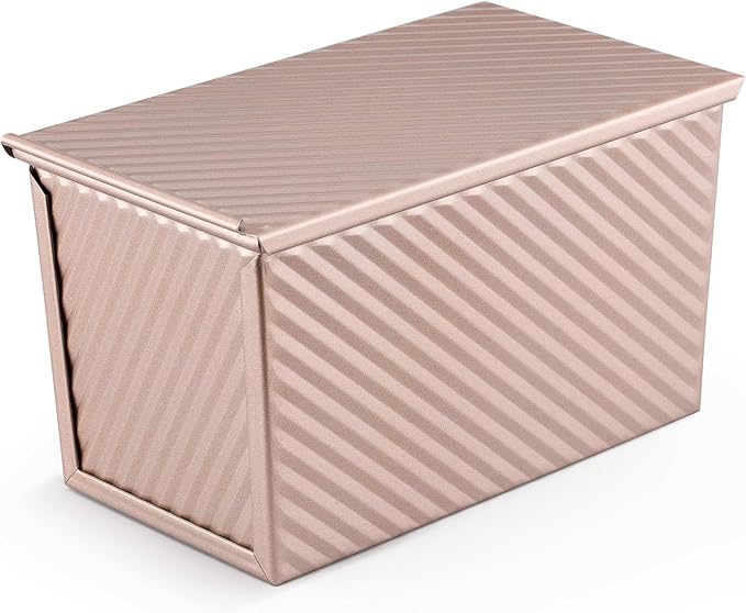 LIANYU Pullman Loaf Pan with Lid, 1 LB Dough Capacity Nonstick Bread Baking Loaf Pan, Carbon Steel Corrugated Bread Toast Box Tin for Homemade Sandwich, Rose Gold