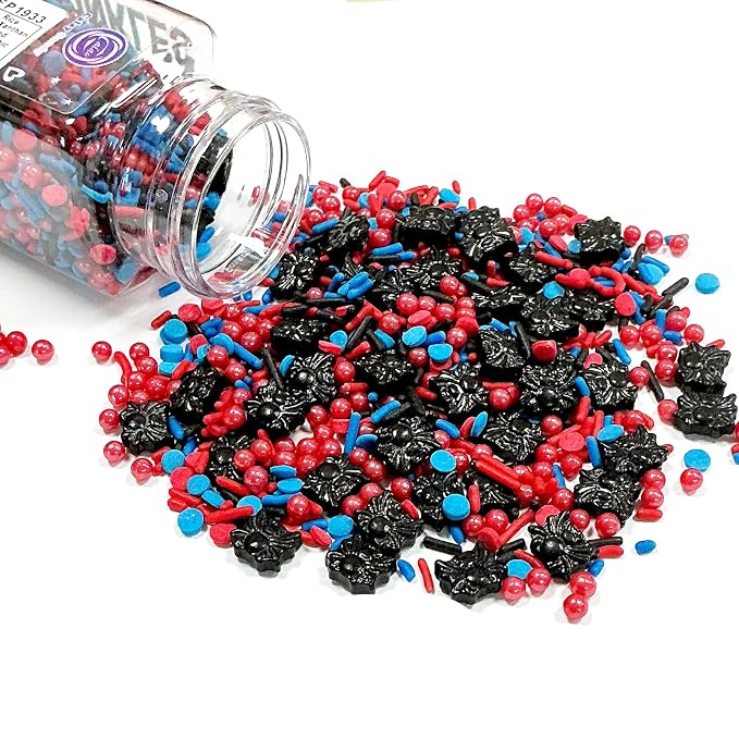 Spider Sprinkles Edible Red And Blue Jimmies Pearls Mix Themed Birthday Sprinkles for Cake Decorating Baking Cake Cookie Cupcake Birthday,Children's Party Supplies