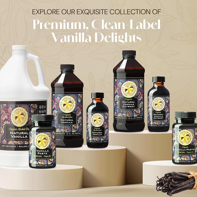 Organic Vanilla Alcohol‑Free Flavor, 128 fl oz - Madagascar Bourbon vanilla, 100% natural, sugar‑free, GMO‑free, gluten‑free, vegan, paleo, keto, kosher, and halal
