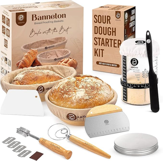 ABIOTO Sourdough Bread Baking Supplies and Starter Kit - Ultimate Bread Making and Sourdough Starter Kit with Proofing Baskets, 34oz Sourdough Jar, Bread Lame, Scrapers & Danish Whisk
